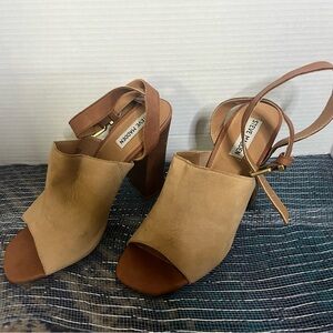 Steve Madden Tan Peep-Toe Mule with block heel and ankle straps